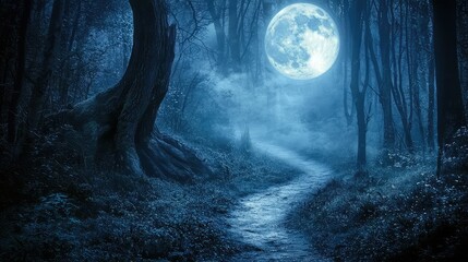 Enchanted Moonlit Forest Path Under a Mystical Blue Moonlight