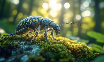 Beetle on moss, forest sun, nature close-up