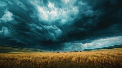 Dramatic Thunderstorm Over Golden Wheat Field Under Dark Clouds