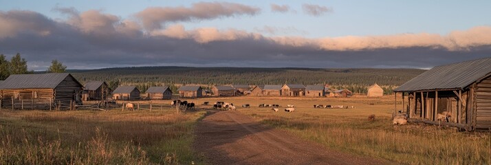 Sunset over rural village, cattle grazing, mountain backdrop. Western lifestyle imagery