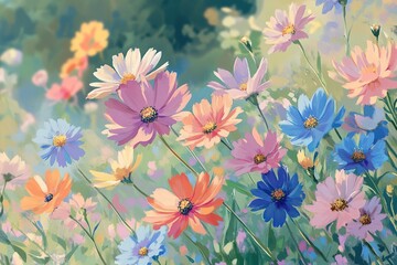 Vibrant Cosmos Flowers Bloom Joyfully in Summer Meadow, Colorful Petals Dance Gently in Breeze, Artistic Floral Painting.