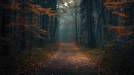 Obraz premium Enchanted Pathway Through Autumn Forest with Glowing Lights