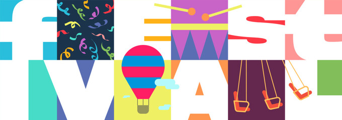 Fototapeta premium Vibrant festival text horizontal banner. Amusement park trendy modern invitation. Carnival funfair creative flyer with hot air balloon, confetti, drum and carousel. Simple fest billboard design
