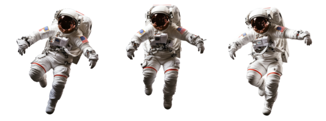 Set of Astronauts in spacesuit close-up isolated on transparent background. Cosmonaut in open hovering space.
