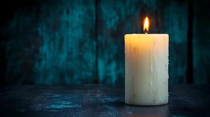 A single lit candle sits on a dark wooden surface