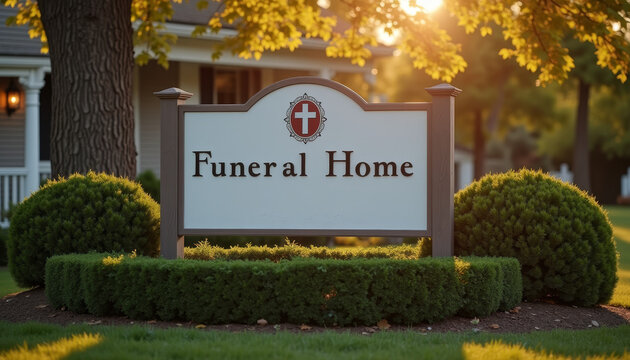 Funeral Home Entrance Sign at Sunset