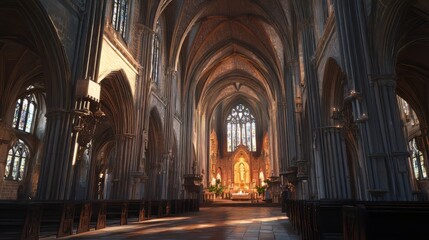 Fototapeta premium Sunlit Gothic cathedral interior