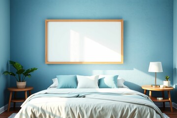 Cozy bedroom with blank frame on the wall and natural sunlight.generative AI