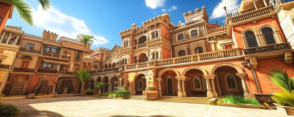 Fototapeta premium Sunlit Courtyard of a Historic Mansion with Arched Walkways and Lush Greenery