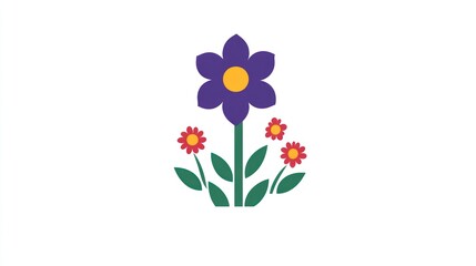 Purple flower, red blooms, green leaves, white background, garden design