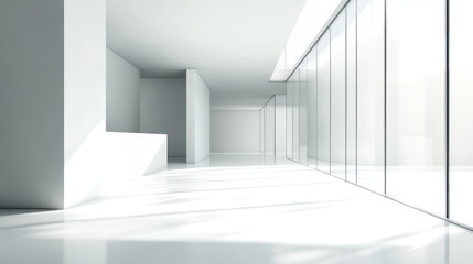 Fototapeta premium Modern interior of an empty white hall with glass walls, light shadows, and reflections on the floor, minimalist design