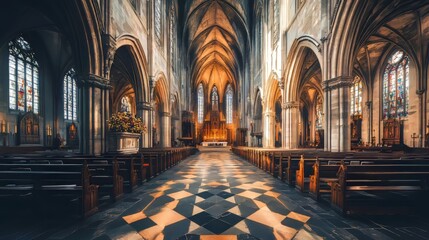 Fototapeta premium Sunlit Cathedral Interior Grandeur