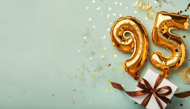 Number 95 birthday balloon celebration gift box lay flat explosion, copy space. Generated image