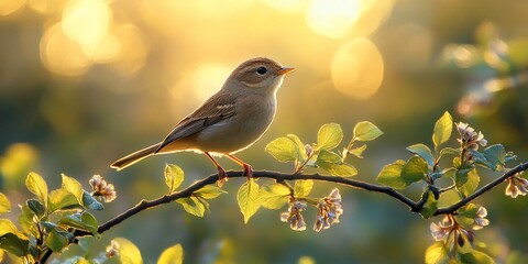 Obraz premium Bird on branch, sunset bokeh, spring bloom