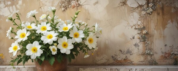Obraz premium Close-up of white and yellow flowers blooming against a textured antique wall, nature, floral, background