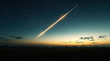 Meteorite Streaking Across Night Sky Over Rural Landscape