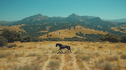 Obraz premium Black horse galloping in a dry, mountainous landscape.
