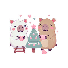 Naklejka premium Two adorable cartoon animals celebrate around a decorated Christmas tree, sharing hearts and joy.