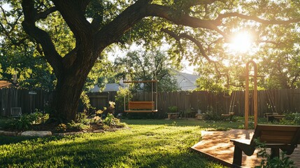 Fototapeta premium Serene Backyard with Swing Under Oak Tree and Warm Sunlight