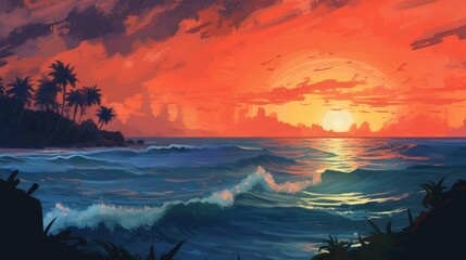 Vibrant Sunset Over Tropical Ocean Paradise Island Seascape Painting