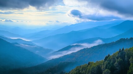 Obraz premium Misty Blue Mountains, A Serene Landscape Panorama