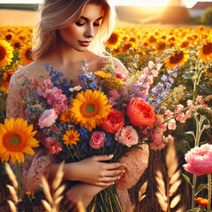 A woman holds a bouquet of flowers.   day March 8th.  Generated AI