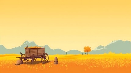 Fototapeta premium Autumn Harvest Hay Wagon in Golden Field