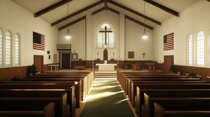 Tranquil church interior, sunlight streams in.