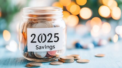 Artistic Jar Labeled "2025 Savings" Filled with Coins and Glowing Softly, Symbolizing Hope and Discipline for New Year Resolution and Saving Goals.