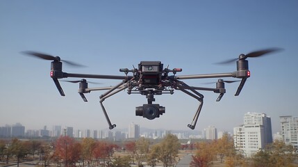 Drone aerial filming city autumn.