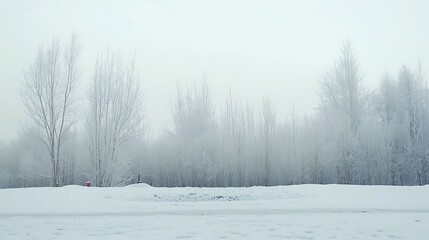 Frosty trees winter landscape, snowy field, fog.