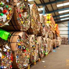 Colorful Recyclable Materials Stacked in Large Rolls in Factory Warehouse