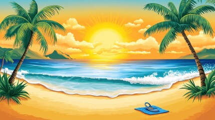 Fototapeta premium Stunning Tropical Sunset Beach Scene with Palm Trees and Ocean Waves at Golden Hour