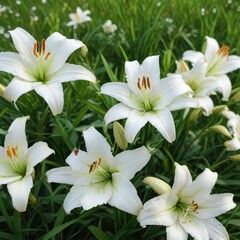 Fototapeta premium Close-up of white lilies blooming among blades of green grass, tranquil, vibrant, flora