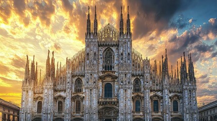 Fototapeta premium Majestic Gothic Cathedral Under Vibrant Sunset Sky in Milan