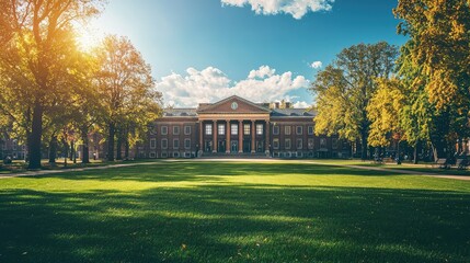 Fototapeta premium Stunning Historic Building Surrounded by Green Parkland and Trees