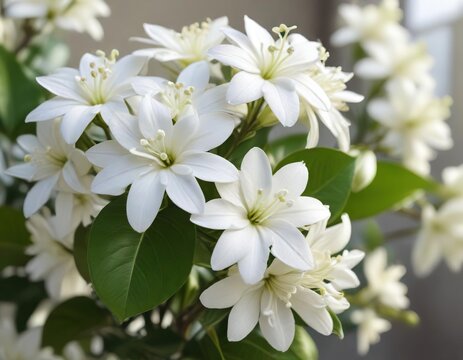 Close-up of white stephanotis floribunda flowers against a blurred background, wedding, pure, celebration, ornamental