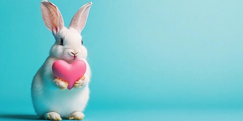 Obraz premium Adorable Bunny Holds Heart, Symbol of Love and Affection, Gently, on Turquoise Background.