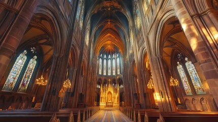 Grand cathedral interior, sunlight streams in