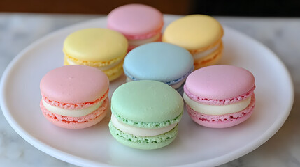 Obraz premium Six pastel-colored macarons arranged on a white plate. Delicate and sweet, these French pastries are perfect for a tea party or special occasion.