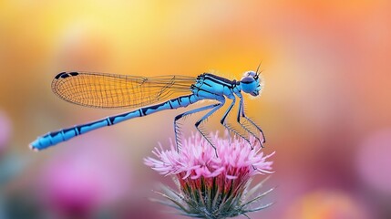 Blue damselfly on pink flower sunset