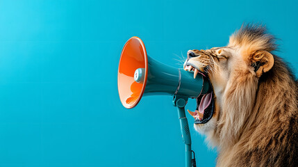 A lion roaring into a megaphone, serving as an advertisement concept with ample copy space.
