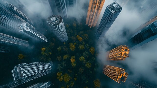 Aerial view of skyscrapers enveloped in fog with vibrant trees below.