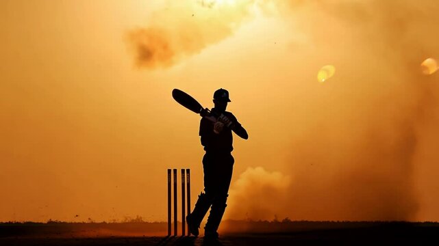 Silhouette of a cricket batsman standing on the pitch during a beautiful sunset, representing focus, determination, and the passion for cricket in a serene outdoor environment.