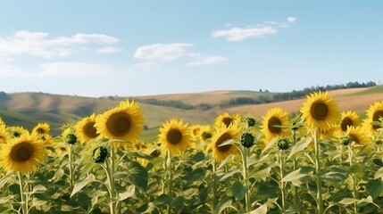 Obraz premium Sunflowers bloom in a picturesque rolling hillside field