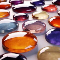 抽象正方形バナー。透明感のあるガラス風のオレンジ・紫・茶色の水玉柄