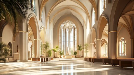 Fototapeta premium Sunlit cathedral interior, serene space