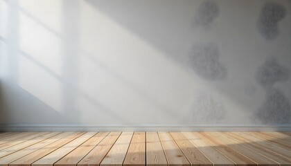 Sunlight illuminating empty room with damp patches on wall