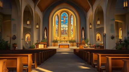 Fototapeta premium Tranquil church interior with stained glass