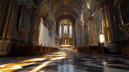 Sunlit grandeur of a church interior